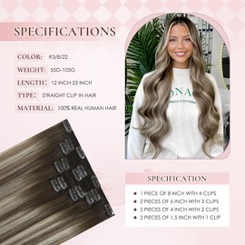 Hyssiet 18 Inch Invisible Clip in Real Human Hair Extensions, Balayage Walnut Brown to Ash Brown with Light Blonde,Remy Thick Double Weft Straight Hair,85 Gram 7 Pieces With 16 Clips