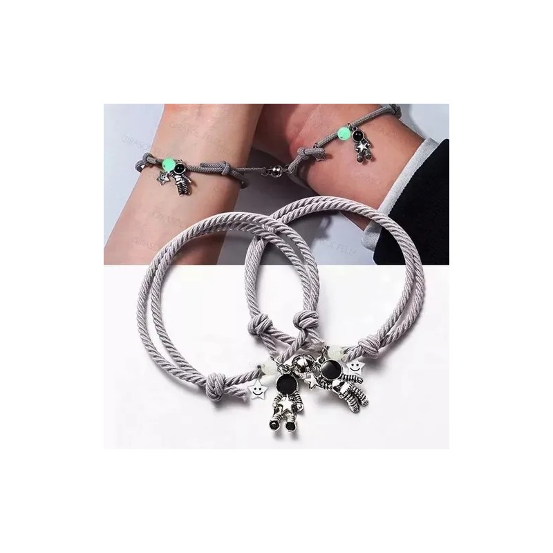Pulsera Parejas Imán Astronauta Brilla Oscuridad Gris Ajustable AKELIN