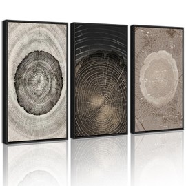 PHOPAGO Vintage Wood Tree Rings Wall Art 16x24in Farmhouse Rustic Framed Canvas Paintings Nature Artwork Black Framed