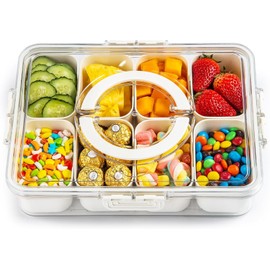 MoEnergy Divided Serving Tray with Lid and Handle,8 Compartment Snackle Box Container, Clear Snack Platter Organizer for Fruits, Candy, Nuts, Snacks - Ideal for Party, Travel & Picnics, White