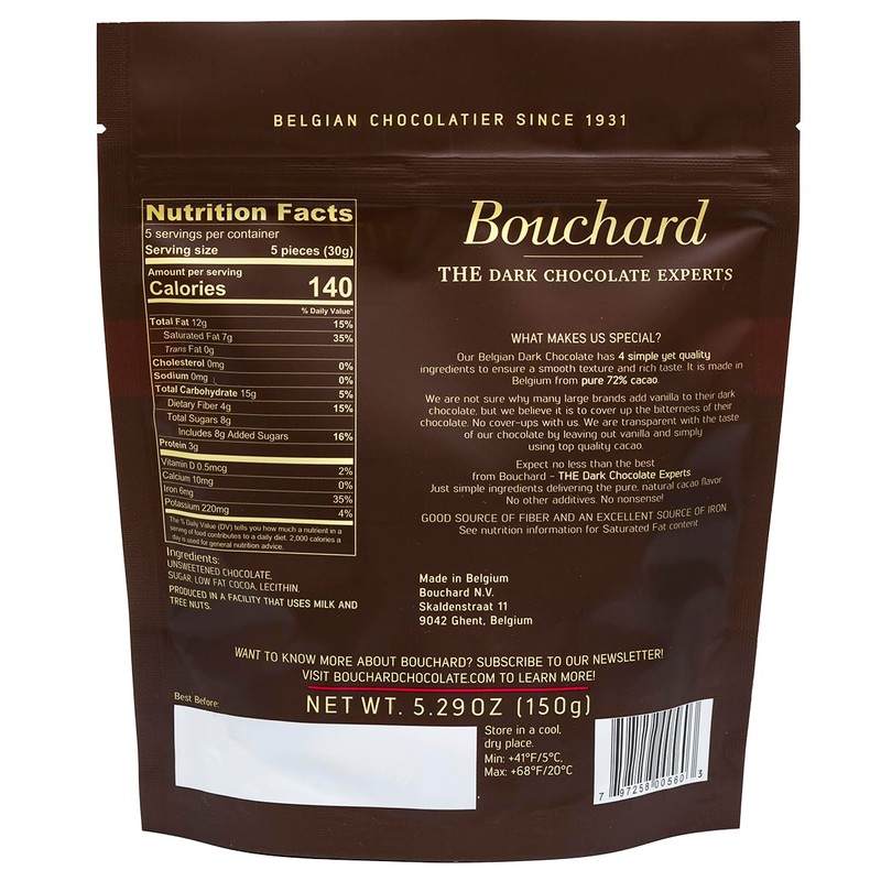 Bouchard Premium Belgian Dark Chocolate with 72% Cacao (5.29 OZ