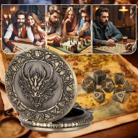 Mini DND Dice Set, Steampunk Dragon Head Pocket Watch Shell Case, 7 Piece Polyhedral D&D Dice, DND Leather Gift Bag with Dragon Logo, MTG, Role Play Board Game Accessories, Bronze Dragon Gifts