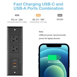CCCEI Recessed Power Strip with 20W USB C Port, Fast Charging USB A Port Desk Outlet, Furniture Hidden Charging Station for Side Table, End Table, with 10 FT 45 Degree Flat Plug Extension Cord.