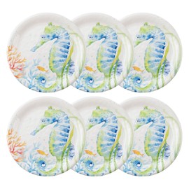 UP UPware Sea Life Serenade Seahorse Melamine Salad Plate Set, Round Plates for Risotto, Pasta, and Salad, BPA-Free, Dishwasher Safe, Blue, 9 Inch, Set of 6