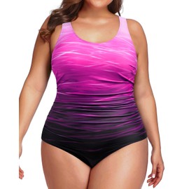 Daci Women Gradient Pink Plus Size One Piece Swimsuit Tummy Control Bathing Suit Athletic Ruched Swimwear 28 Plus