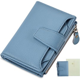 Cartera para Mujer Pequeña, Carteras de Cuero Plegable y Compacta, con RFID Bloquea, Tarjetero de Crédito, Mini Monedero de Viaje con Cremallera y 4 ID Ventana, Regalos para Mujer (Azul)