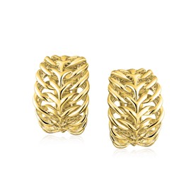 Fashion Open Weave Cable Leaf Feather Wide Half Hoop Clip On Earrings For Women Non Pierced Ears 14K Gold Plated Brass