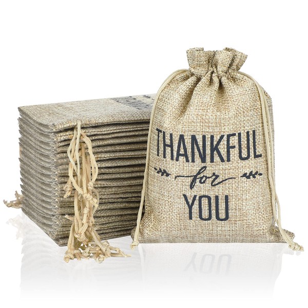 Shappy 20 Pieces 5 x 7 Inch Thankful for You Drawstring Bags Thanksgiving Day Burlap Bags with Drawstring Present Bags Thank You Drawstring Bags for Wedding Thanksgiving Favors Party DIY Craft