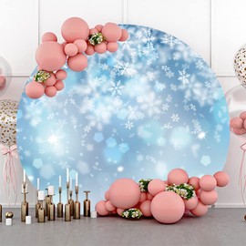 OERJU 7.2x7.2ft Winter Snowflake Round Backdrop Christmas Snow Flakes Ice Blue Bokeh Circle Photography Background Family New Year Xmas Eve Party Decoration Banner Adult Kids Photo Booth Studio Props