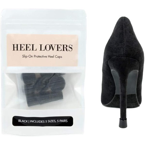 Heel Lovers Protective Heel Caps by FootFitter, High Heel Tip Covers, Noise Reducing, Slip-On Caps, 5 Pairs of Heel Caps - Black