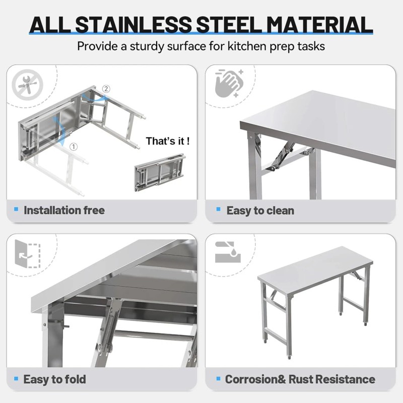 Folding Stainless Steel Table for Kitchen Outdoor Camping Maintenance Room
