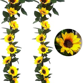 VANTOBEST 2 Pack Artificial Sunflower Garland Silk Sunflower Vine Yellow Flower Green Leaves Fabric Floral Head Fake Sunflowers for Wedding Table Baby Shower Party Garden Decoration