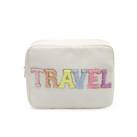 Kaymey Extral Large Cosmetic Bag Makeup Pouch Bag Case Nylon With Chenille Letter Patches (Beige#TRAVEL, XL)