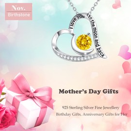 GinoMay Birthday Gifts Women November Birthstone Citrine Necklace Mum Wife I Love You to the Moon and Back Jewellery Sterling Silver