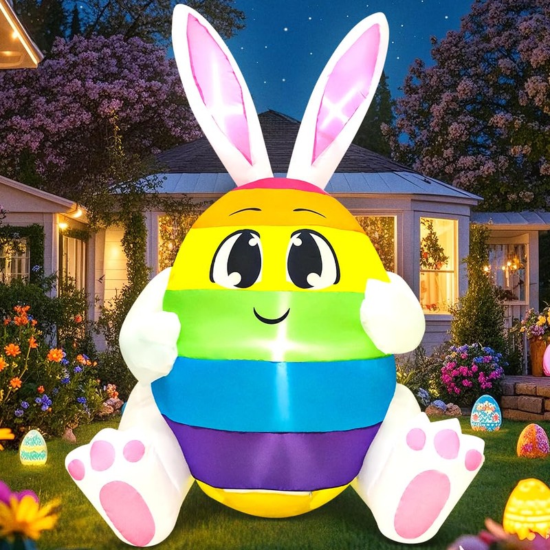 5FT Easter Inflatables Outdoor Decoration Colorful Egg with Bunny Ears,