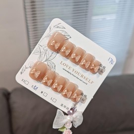 MouyouGlow Press on Nails Short, Square Sheer Nude Base 3D Bow Tie Ribbon Bow Tie Fake Nails Artificial Nails with Nail Glue, Y2K Coquette Artificial Fingernails, Pack of 10 (88-XS Size)