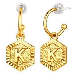 FOCALOOK Gold-Coloured Half Hoop Earrings + Hexagon Coin Pendant for Women Girls 18 Carat Gold-Plated Endless Hoop Earrings with Letters Trendy Earrings Earrings Gift for Birthday Anniversary, Copper