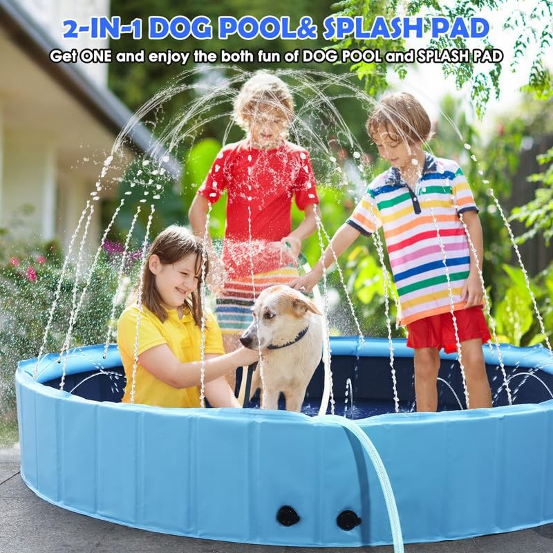 63" Large Dog Pool with Sprinkler, 2-in-1 Foldable Swimming Pool