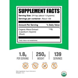 BulkSupplements.com Organic Maca Root Extract Powder - Organic Maca Powder, Nutritional Supplement - Vegan & Gluten Free, 1.8g of per Serving, 250g (8.8 oz) (Pack of 1)