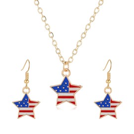 4th of July Earrings Necklace Set for Women Patriotic Earrings American Flag Heart Star Dangle Earrings Stars Stripes USA Flag Independence Day Necklace Jewelry Gifts for Women (Gold Star)