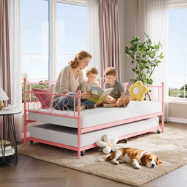 Daybed with Trundle, Trundle Bed Twin with Heart-shaped Headboard for Kids, Sturdy Metal Day Bed with Steel Slat Support, Twin Daybed for Living Room, Bedroom and Guest Room, Easy Assembly, Pink
