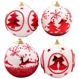 Toyland® Pack of 4-9cm Decorated Baubles - Red & White Glitter Design - Christmas Tree Decorations