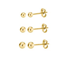 KEZEF 14K Gold over 925 Silver High Polish Smooth Round Ball Stud Earring 3-Size Set - 2mm, 3mm, 4mm