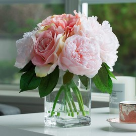 Enova Floral Artificial Flower Arrangement in Vase, Fake Flowers Arrangement with Vase, Mixed Artificial Peony Rose and Hydrangea Silk Flower with Clear Glass Vase for Home Wedding Decoration (Pink)
