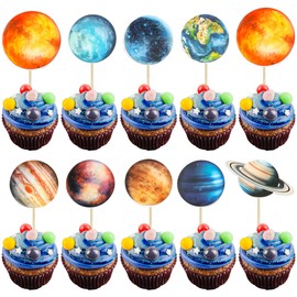 Ephlyn 36Pcs Outer Space Cupcake Toppers Planet Rocket Spaceship Trip to the Moon Star Cupcake Picks Solar System Galaxy Universe Planets Birthday Cupcake Decorations Party Supplies