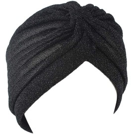 canjoyn Unisex Glitter Twist Pleated Hair Wrap Stretch Turban Hat Chemo Beanie Cap Headwear Black