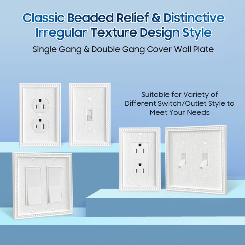 Classic Beaded Relief Design Style, White Decorator Light Switch Cover,