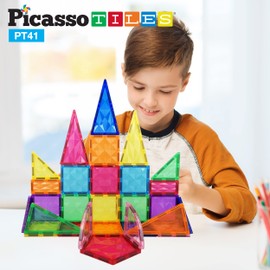 PicassoTiles 41 Piece Magnetic Tiles Building Block Construction Toy Set Prism Magnet Tile Blocks STEM STEAM Learning Kit Early Education Builder Playset Toys for Children Toddler Boy Girl Age 3+ PT41