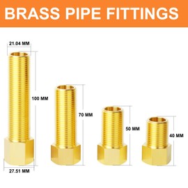 GASHER 4PCS Extension Brass Pipe Fitting, 1/2" Female to 1/2" Male Pipe Hex Bushing Adapter Converter Adapter, 40 mm/50 mm/70 mm/100 mm