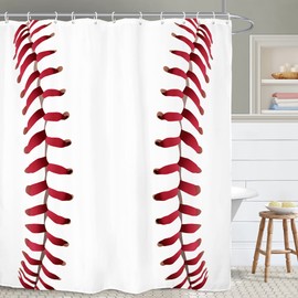 Yookeb Baseball Sports Bathroom Shower Curtain 71W by 71H Inch Teen Boys Cool Red White Kids Man Polyester Fabric 12 Plastic Hooks Waterproof Decor