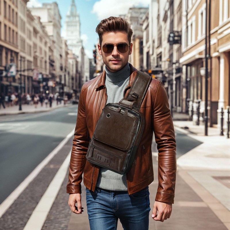 SUIKIHUM Vintage PU Leather Sling Backpack for Men, Crossbody Bag,