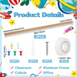 Threehoney 3 Pcs 48" x 1" Cork Strips Bulletin Bar Strips for Wall Bulletin Board Aluminum Trim Brown Cork Boards with Accessories for Paste Notes Photos Classroom Office Home Holiday Decor