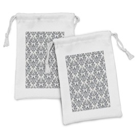 Ambesonne Victorian Fabric Pouch Set of 2, Floral Ornament Damask Flourishes Classics Silhouette Symbolic Artwork, Small Drawstring Bag for Toiletries Masks and Favors, 9" x 6", Beige Grey