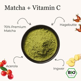 Organic Vitamin C Matcha+, Matcha Mix with Superfood Powder from Acerola, Rosehip, Ginger and 60% Organic Premium Matcha from Japan, 80 g