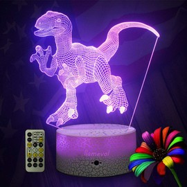 Dinosaur Night Lights for Kids Christmas Gift Birthday Timer Dino Toy 3D Illusion Lamp Dino Gifts for Boys Home Bedroom Party Supply Decoration 7 Color Blue Remote