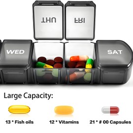 Weekly Large Pill Organizer for Travel, 7 Day Pill Boxes and Organizer, Big Compartments Pill Case,Convenient and Easy to Use, Medication Dispenser for Fish Oils, Vitamin Holder Supplement
