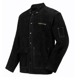 ONETIAN Leather Welding Jacket Black;Heavy Duty Safety Jacket;Heat and Flame Resistant (M)