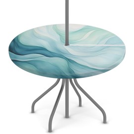 Fitted Round Tablecloth with Umbrella Hole and Zipper Abstract Teal Blue Outdoor Elastic Table Cloth 45"-56" Oil-Proof Waterproof Texture Patio Table Cover for Party Outdoor