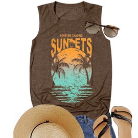 Womens Summer Vibes Beach Vibes Tank Tops Novelty Forever Chasing Sunsets Letter Print Casual Sleeveless Beach Outfit Tops Family Holiday Vacation Matching Clothings,Brown L