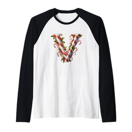 Candy Cane Letter V Christmas Fun Raglan Baseball Tee