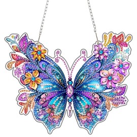 NEWENMO 5D Butterfly Diamond Painting Pendant Set, DIY Diamond Painting Window Decoration Pendant, Flowers Diamond Crystal Art Kits with Chain, for Windows, Walls, Door Openings and Garden Decoration