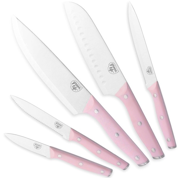 GreenLife High Carbon Stainless Steel 5 Piece Knife Set with Covers, Includes Chef Santoku Serrated Utility and Pairing, Comfort Grip Handles, Triple Rivet Cutlery, Soft Pink