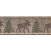 Wall Border - Brown Moose Green Chrismas Tree Distressed Wallpaper