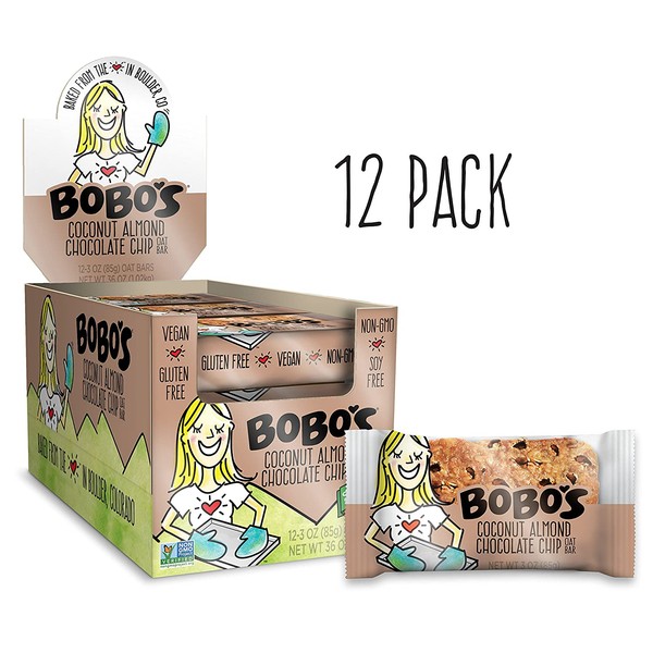 Bobo's Oat Bars, Coconut Almond Chocolate Chip, 3 oz Bar (12 Pack), Gluten Free Whole Grain Snack and Breakfast Bar