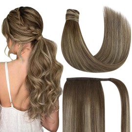 Ve Sunny Human Hair Ponytail Brown Wrap around Ponytail Human Hair Darker Brown to Light Brown Highlights Blonde Straight Ponytail Extension for Party Hair Extensions Ponytail 80g 20Inch