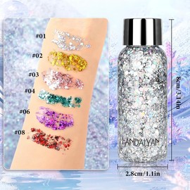 UNIVERSOENLÍNEA.COM | 2 Brillos para Cuerpo, Gel con Purpurina para Cuerpo, Sombras Ojos Impermeables para Niñas, Armaduras de Labios, Pintura para Cabello Brillo Decorar Festival Arte Fiesta Maquillaje (Paquete 8)